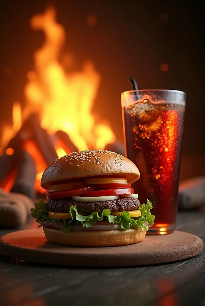 (photorealism:1.2), hamburguer whit cola and behind fire
