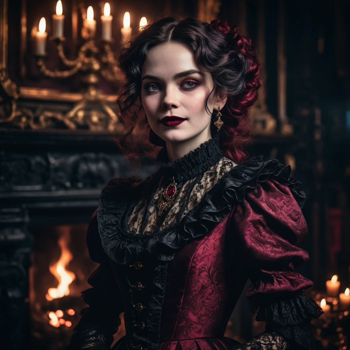 A photo of a Victorian Gothic woman, with a subtle smile playing on her ruby lips and her hair contrasting starkly with her jet black hue. She wears a rich burgundy brocade dress with a high ruffled collar. It's inside a nightclub with people dancing. The flickering light from the fireplace casts a warm glow around him and the camera is positioned at eye level, capturing his enigmatic expression.
66Vic22Gothic style11