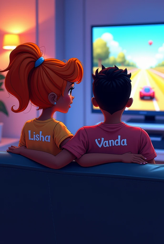 A couple aged 19, sitting together on a black couch, playing a racing game,both dark skinned , cartoon style,a ps5 next to the tv,on the back shirt of the girl written Lisha,the girl with orange hair,on the shirt of the boy written vanda,the boy with a flat top hair style,