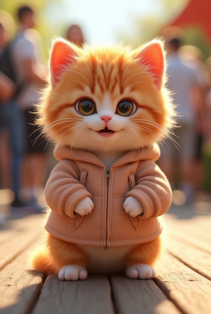 Fascinating, 美味しくふわふわな子猫のブリティッシュショートヘアの高品質3D Rendering, Exudes cuteness and charm. With a round and plump body、It is softly covered, Vibrant fur and gentle, Small teeth peek out from a slightly open mouth. (Wearing a hoodie)、Its big, Expressive round eyes sparkle, and、Those rosy cheeks are charming. (Upright、Standing on two hind legs), Place your hands gently at your sides, She exudes a charming and friendly aura.. Highlights vibrant colors and textures, Creating visually striking and conceptually unique work., photograph, Conceptual Art, 3D Rendering、(The background is a zoo、crowd、Daytime、sun)