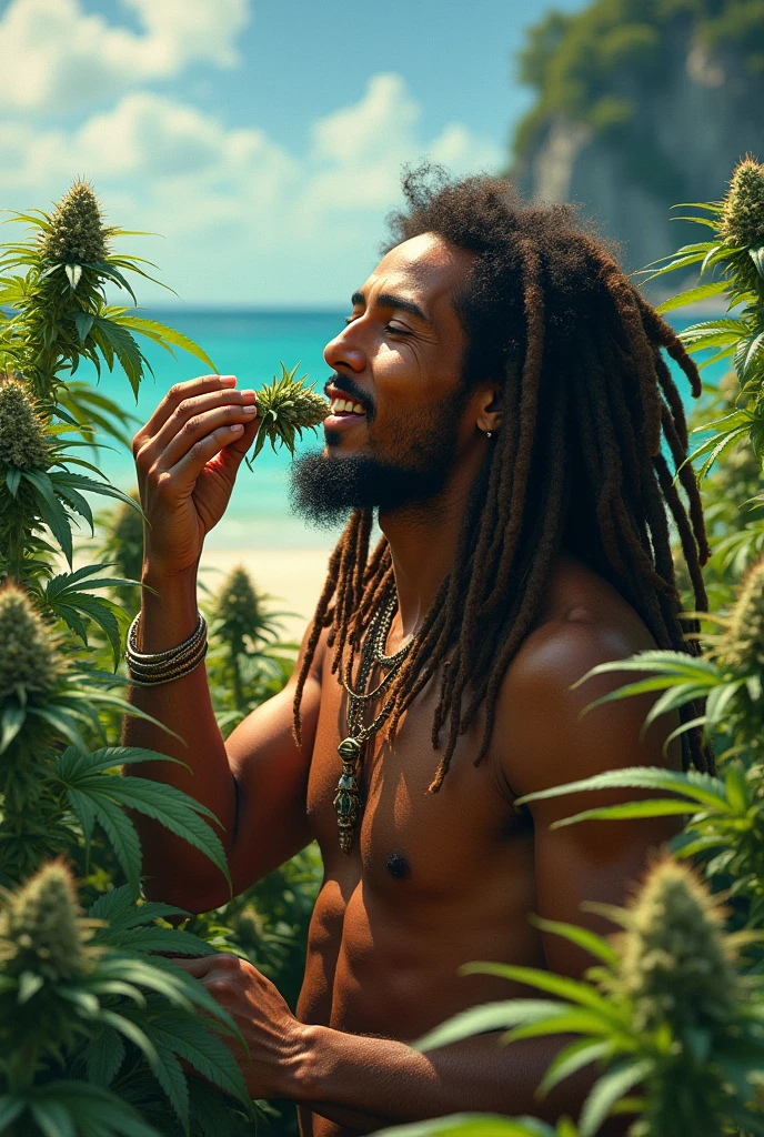 (((masterpiece, Highest quality, High resolution, Attention to detail)))),bob marley,It grows,lion,marijuana,buds,sunnybeach,smorking marijuana,