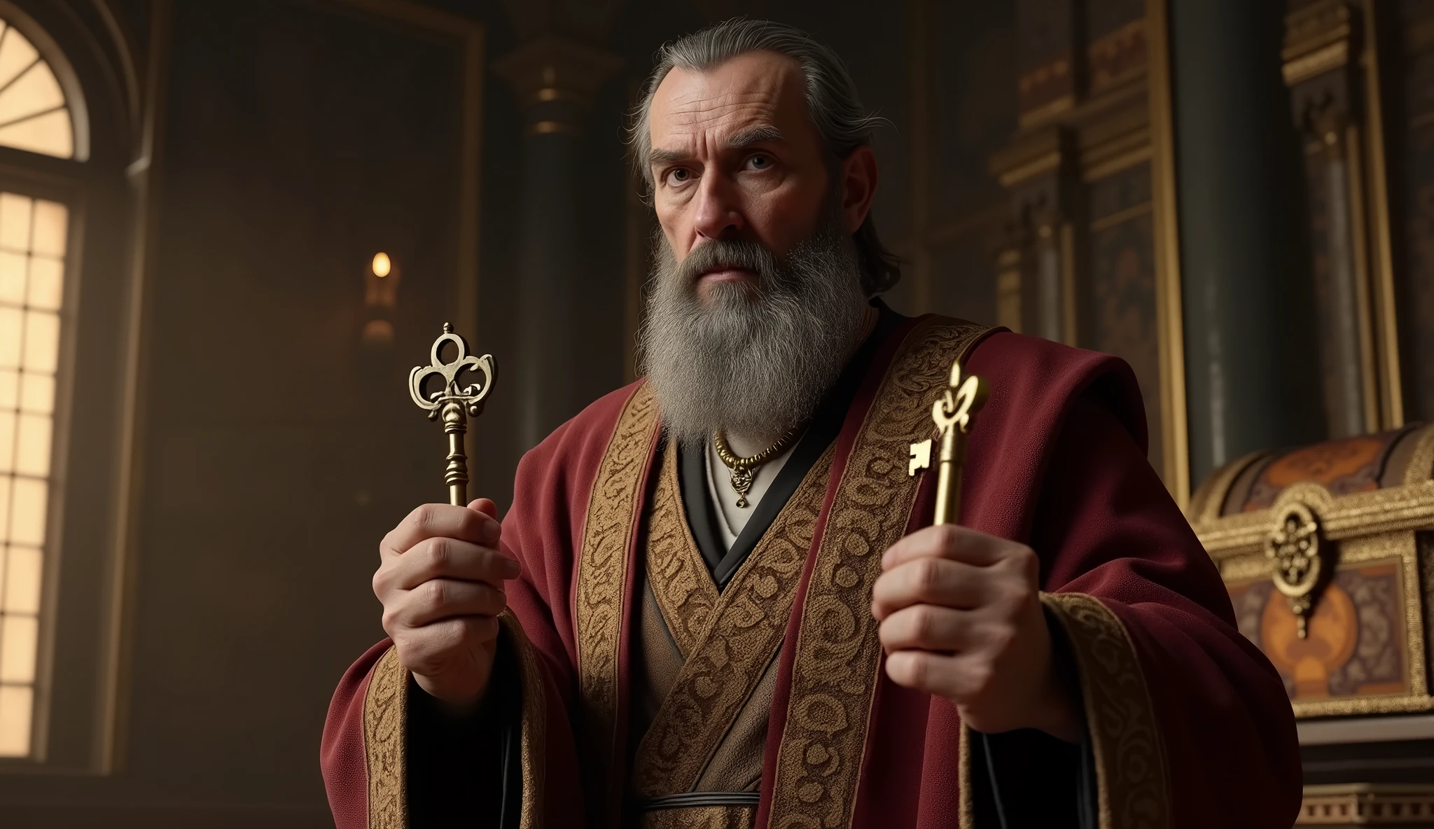 Create a hyper-realistic and mysterious image of Solomon holding a set of ancient keys, each representing a different form of wealth or investment – one for land, another for trade, another for precious metals, and so on. and in the background, softly blurred, there is a treasure chest that symbolizes wealth protected by diversification. The golden light coming through a nearby window should illuminate the keys, creating a sense of security and strategy, showing that diversification is the key to protecting and growing wealth.