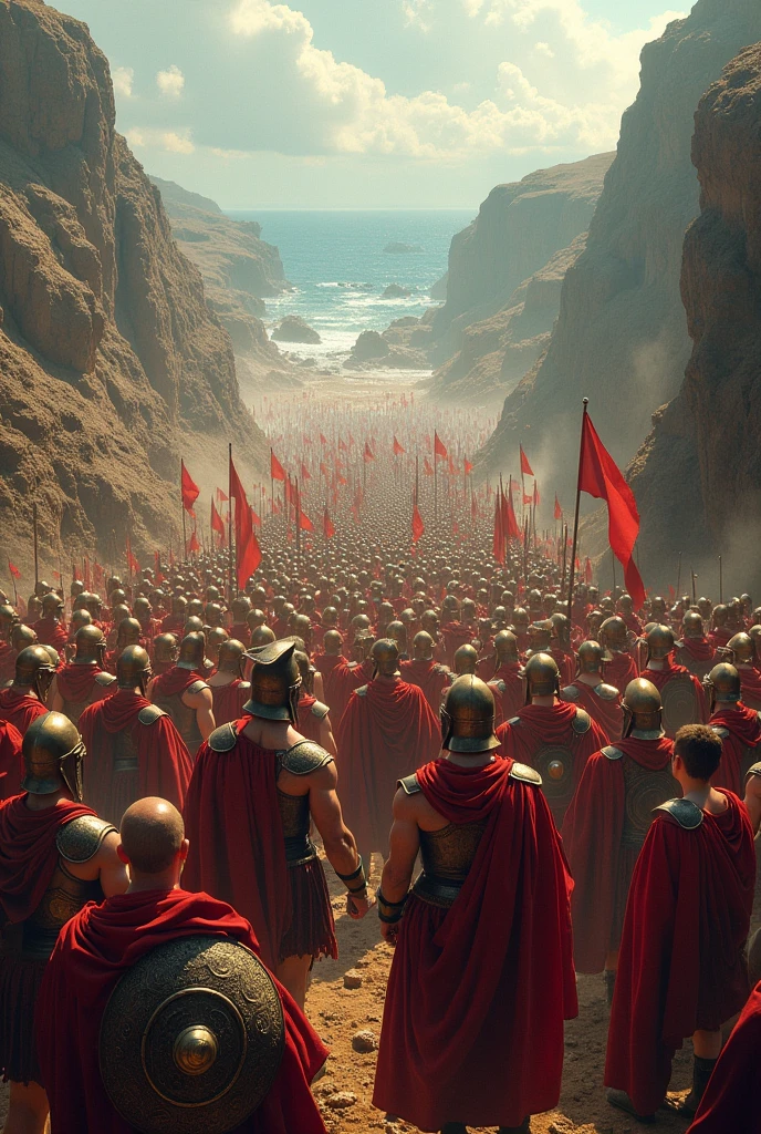 Battle of Thermopylae, with Spartans fighting Persians from a top view showing 300 Spartans and thousands of Persians