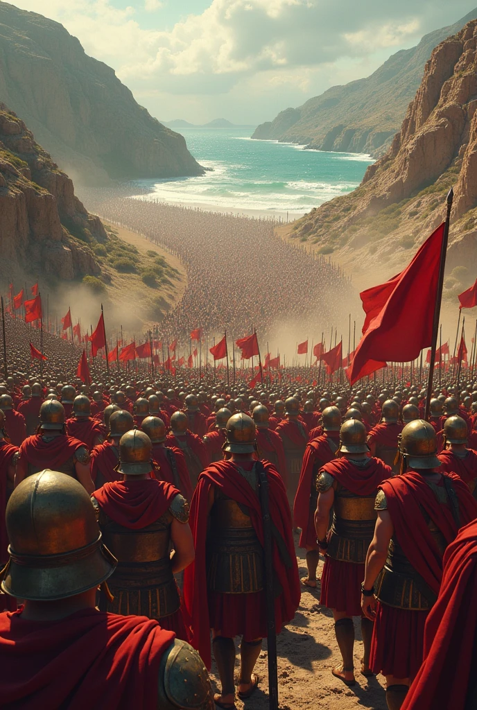 Battle of Thermopylae, with Spartans fighting Persians from a top view showing 300 Spartans and thousands of Persians