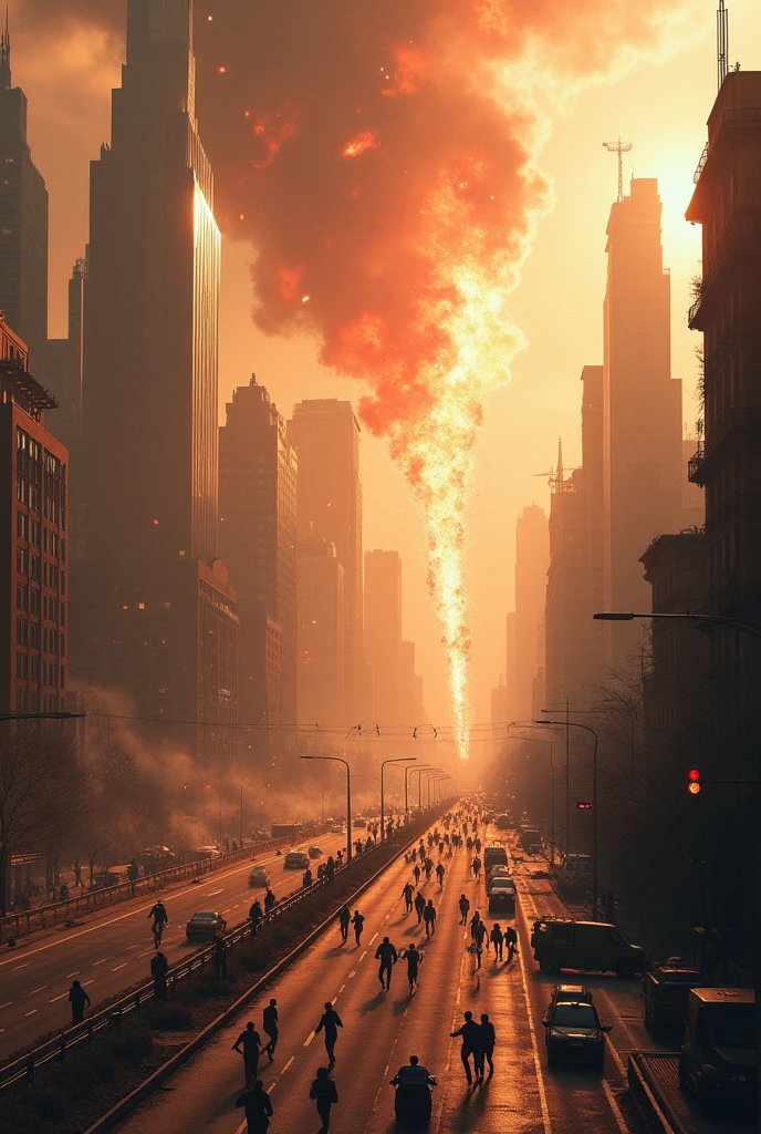 Create a scene of destruction, in a city of buildings being destroyed, with people fleeing the six-lane meteor shower