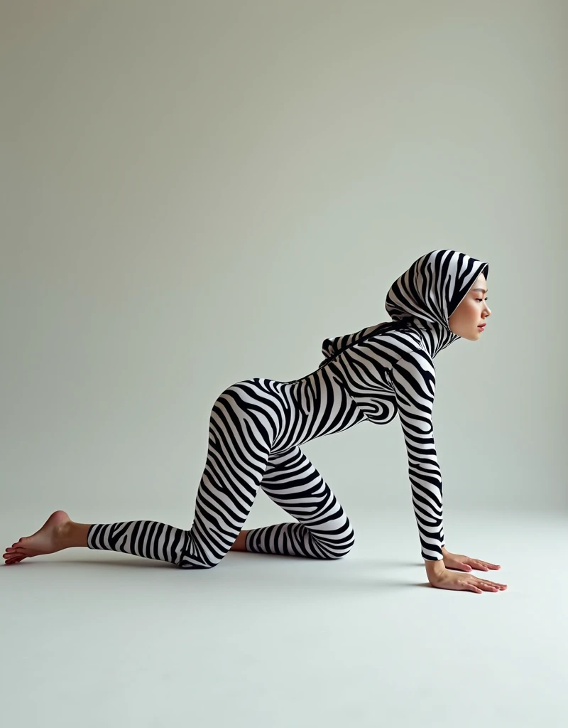 a beautiful asian muslimah woman with zebra striped seamless print hijab wears zebra striped seamless print unitard catsuit.She is crawling.