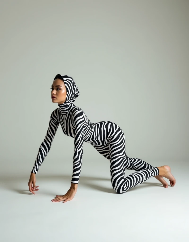 The beautiful taiwan contortion adult girl with beautiful cheeks wears zebra print full lycra dancewear turtleneck unitard catsuit and zebra print lycra elastane dancewear hijab-like hood.She is happy at home to practice contortion performance.