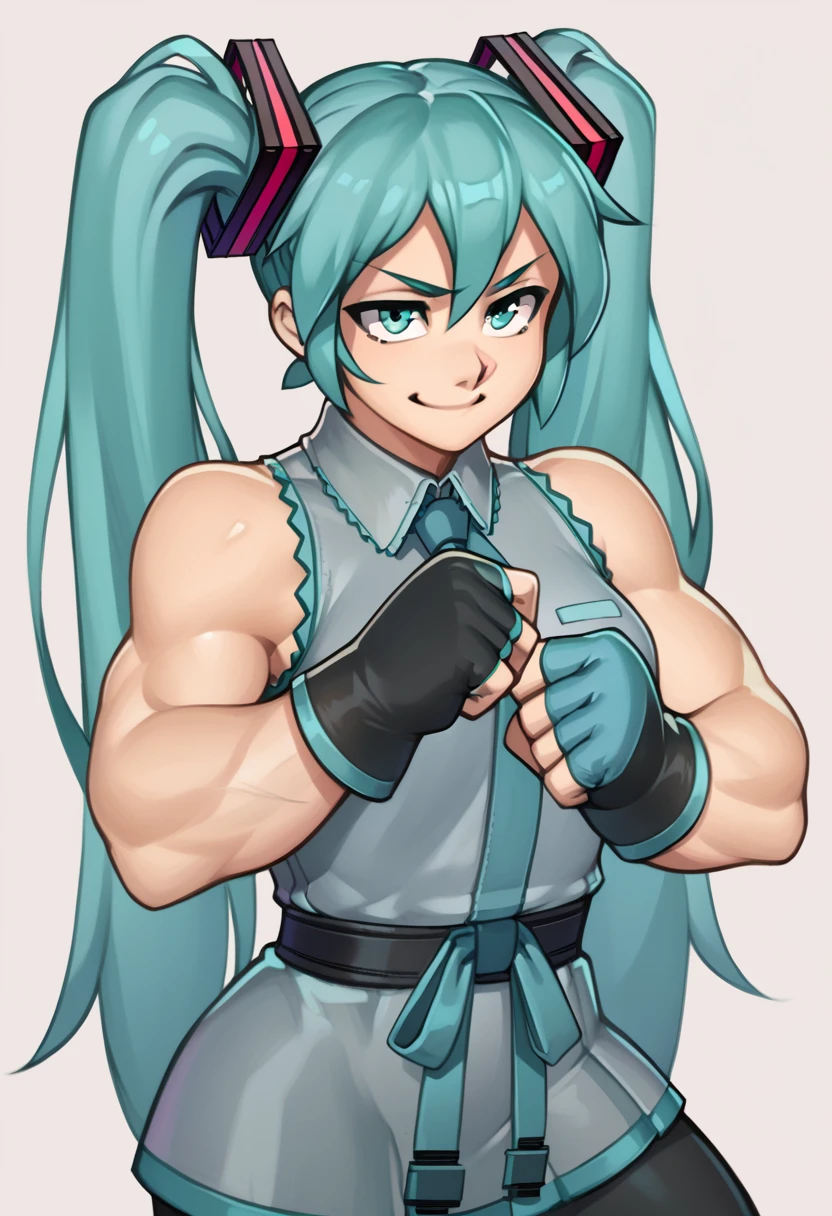 score_5_up, simple background,
1girl, solo, fighting pose, muscular female, veins, clenched fist, aqua hair, aqua eyes, twintails, hair ornament, sleeveless, fingerless gloves, hatsune_miku, smug, eyebrows visible through hair