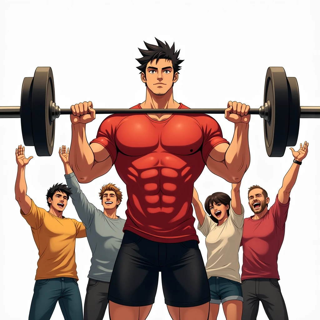 japanese manga art style, best quality, masterpiece, handsome young man wearing red tshirt and black shorts, (lifts barbell), four friends behind him cheering, perfect fingers, perfect hands, perfect face, perfection, white background