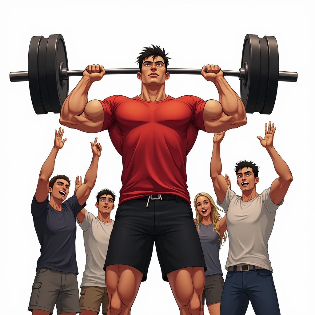 japanese manga art style, best quality, masterpiece, handsome young man wearing red tshirt and black shorts, (lifts barbell), four friends behind him cheering, perfect fingers, perfect hands, perfect face, perfection, white background