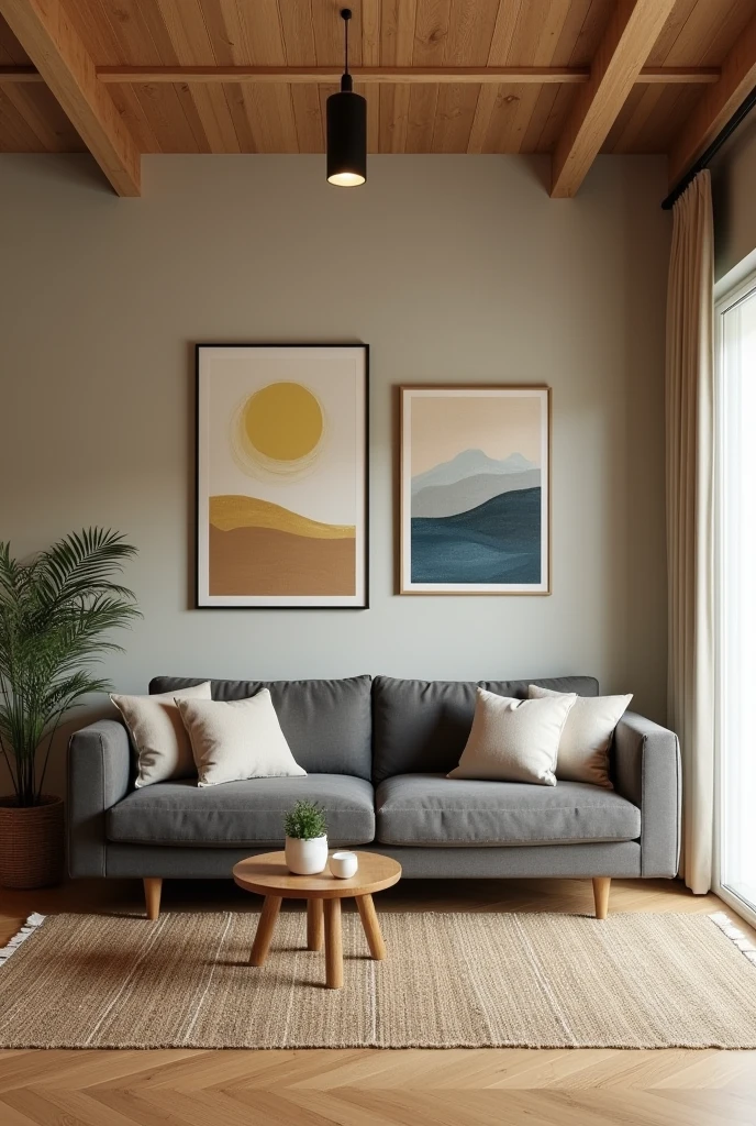 Smooth wall painted in the color of shredded paper,  with 2 frames in abstract style with yellow colors, doradas, earthy tones and blue, comfortable five-seater sofa in graphite color, rectangular rug made of natural fabric to compose the environment, and in the center of the carpet a small table in angelim wood with decorative objects to complement. Ceiling with wooden PVC lining.