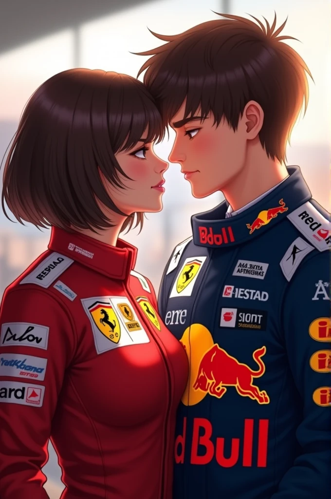 Short layered brown hair girl in Ferrari uniform and brown hair boy in blue Redbull uniform in love