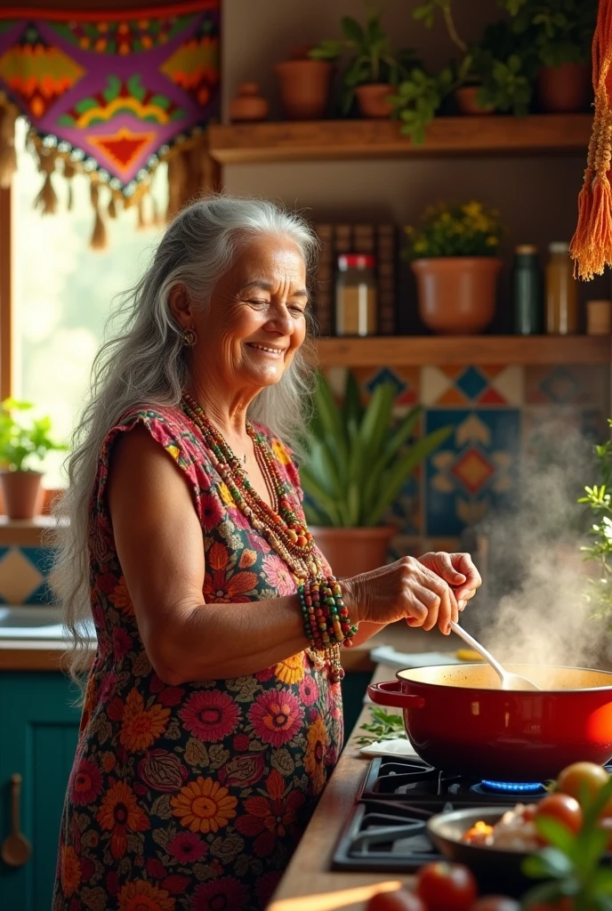 67 year old Mexican lady, hippie/ bohemian and fit. cooks his dinner