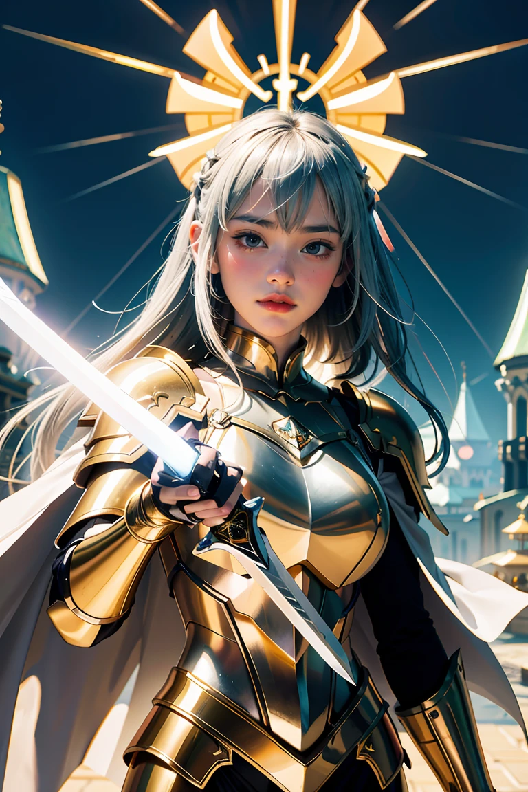 (masterpiece, best quality), A paladin holding a light infused sword, light magic, divine, magewave, silver and gold, 4k, dark cityscape, Fujifilm