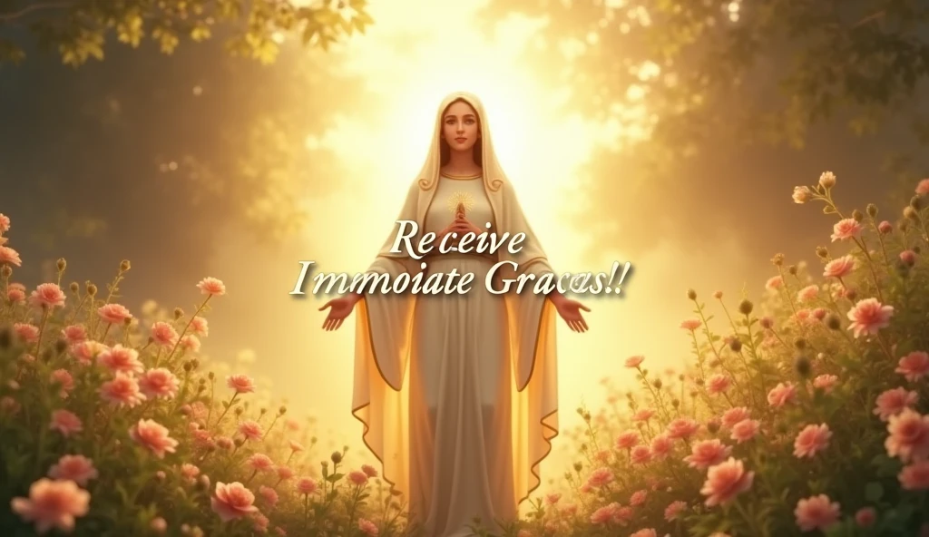 A serene and peaceful representation of Our Lady of Graces, radiant and surrounded by a soft, glowing light. The background features a lush garden with flowers in full bloom., symbolizing grace and abundance. Use warm and inviting colors, like soft golden browns and delicate pastels. Overlay text "Receive Immediate Graces!" in a bold, elegant font, with a slight shadow for depth. The composition should evoke feelings of hope and tranquility.