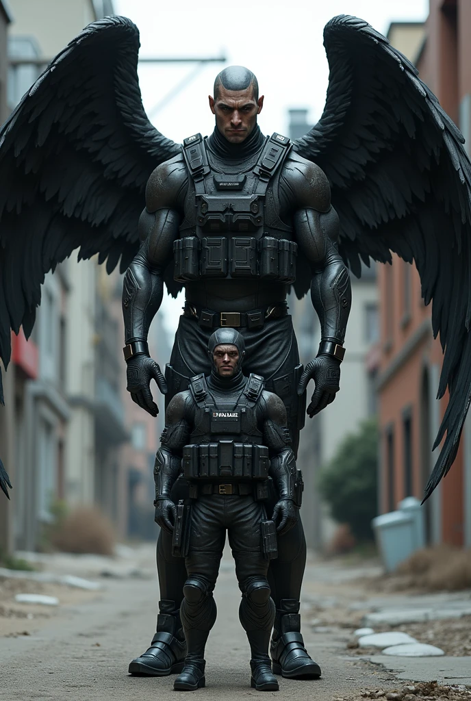 Soldier next to a 2'90m attractive man in heavy black tactical military gear who has black wings on his back shows the difference in sizes