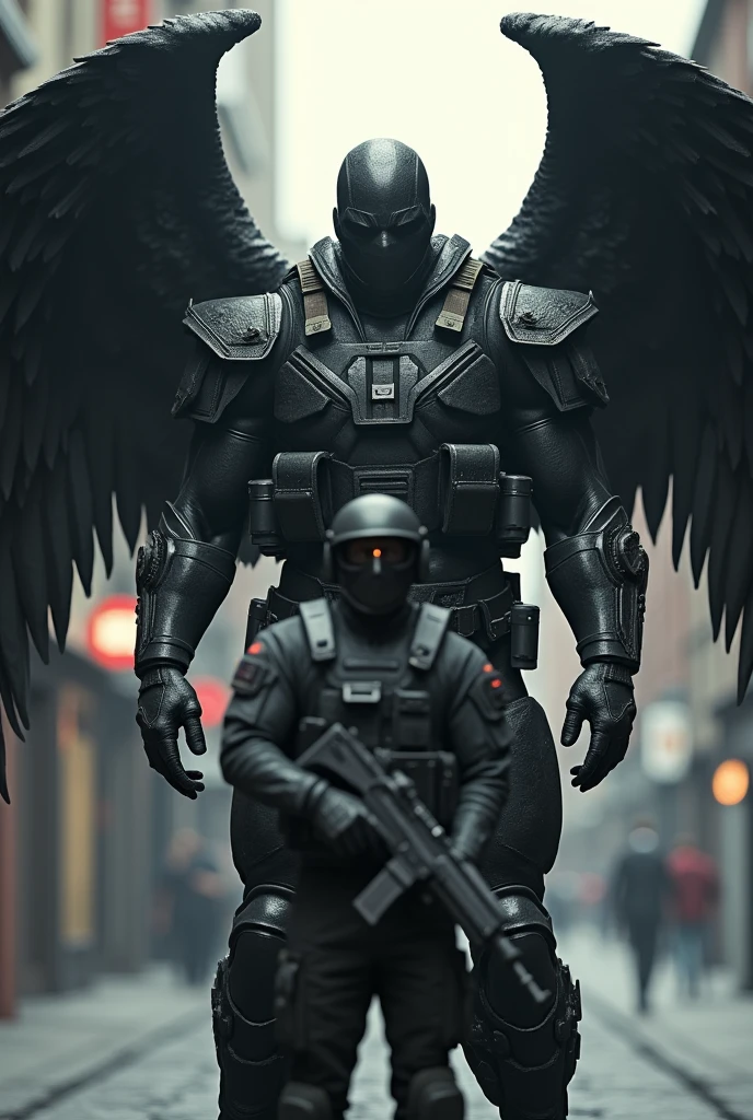 Soldier next to a 2&#39;90m attractive man in heavy black tactical military gear who has black wings on his back shows the difference in sizes 
