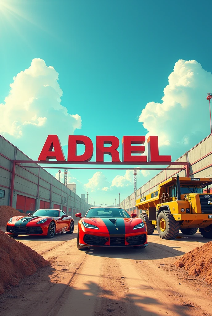 The word proper name Adriel, between sports cars, background 10 am, sunny,right side a caterpillar excavator, left side a caterpillar dump truck, clear sky