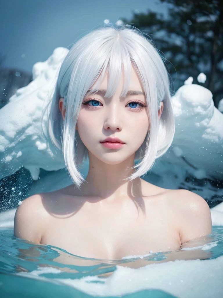 Highest quality, masterpiece, White Hair, Cyan eyes, ,White、, Realist, Floating Hair, the snow's,, Detailed face, winter, Green tree々, sunlight, Full Body, Detailed face, Adorable smile,Beautiful breasts,Beautiful feet