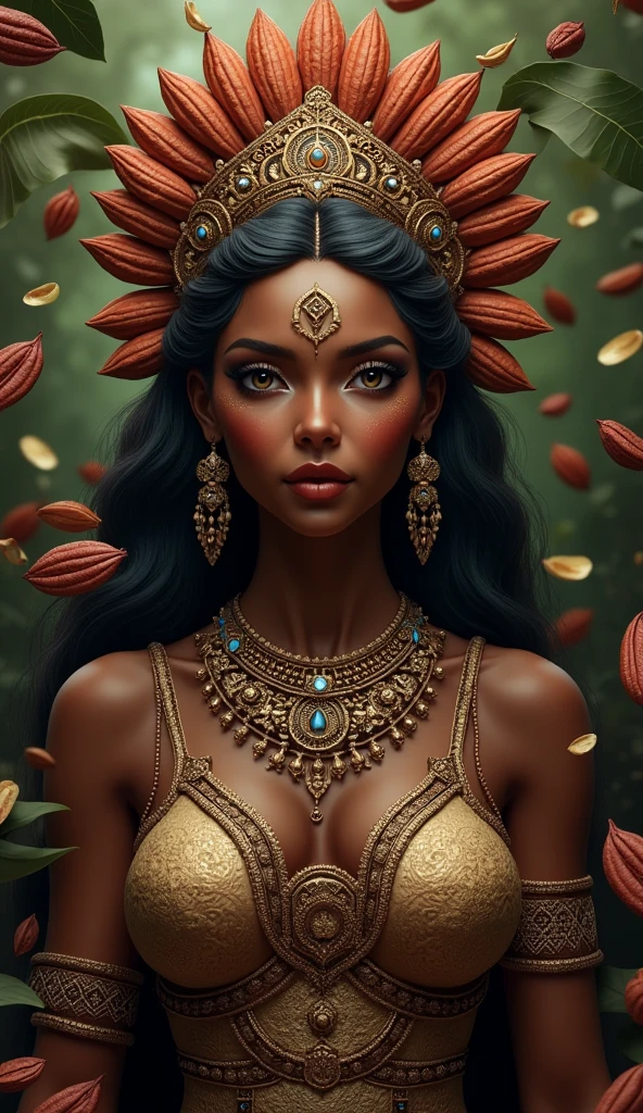 Mayan goddess IXCACAO, dark skinned goddess, chocolate goddess, of fertility, of abundance and agriculture. in the background cocoa beans and melted chocolate