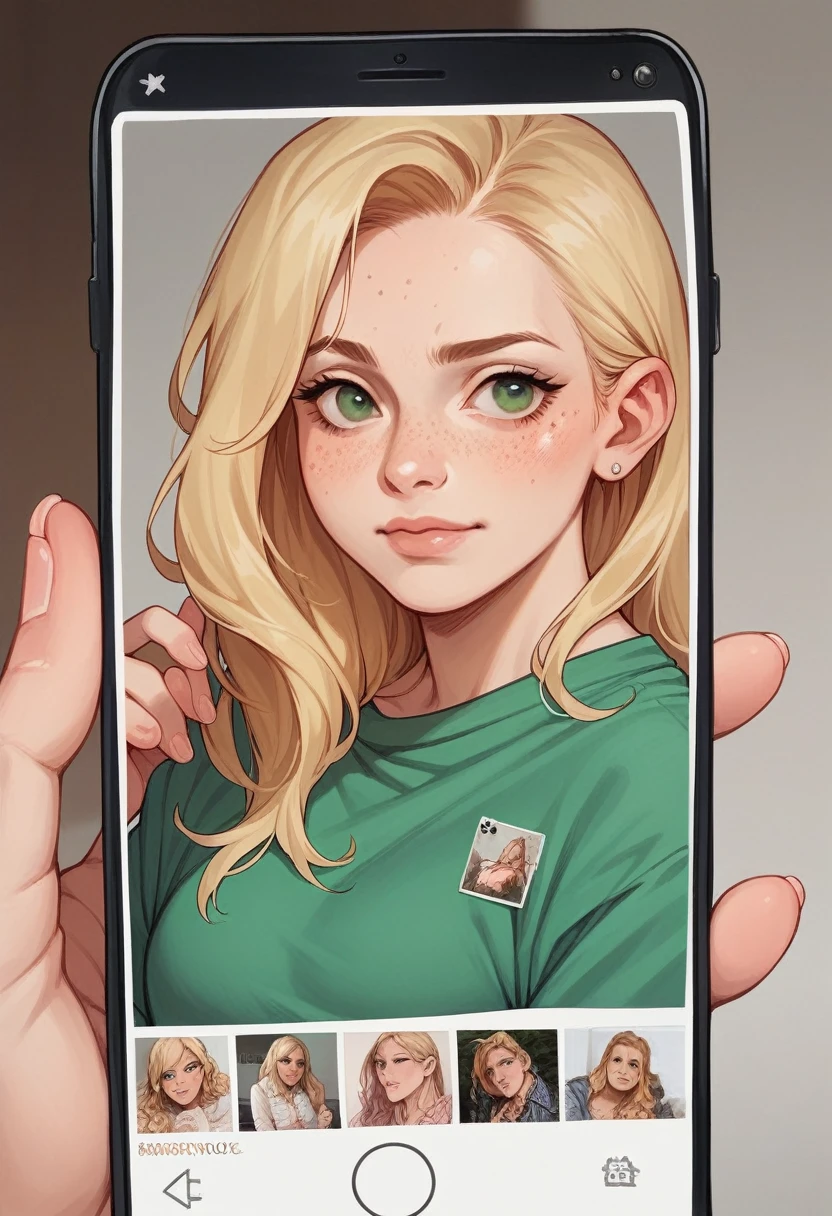 I want an attractive woman around 20 years old, Blonde hair, green eyes, grayish-green with freckles, photos for only fans,Photos taken with an iPhone 14