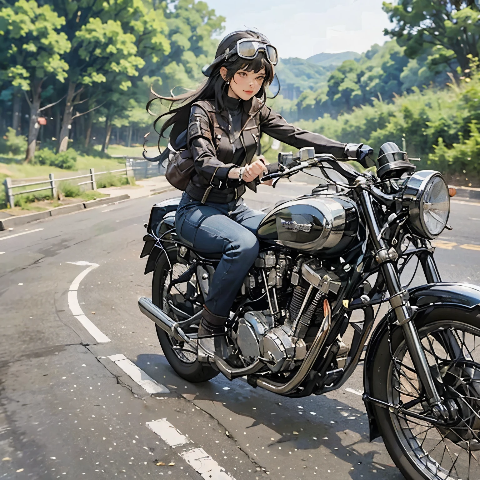 Vintage Bikes、Bluff Superior SS100、Isle of Man Races、(A young female rider speeds along on a motorcycle)、Leather jumper、Cromwell helmet with goggles、After the Rain、English countryside、(Highest quality, masterpiece, High resolution)、8k、wallpaper