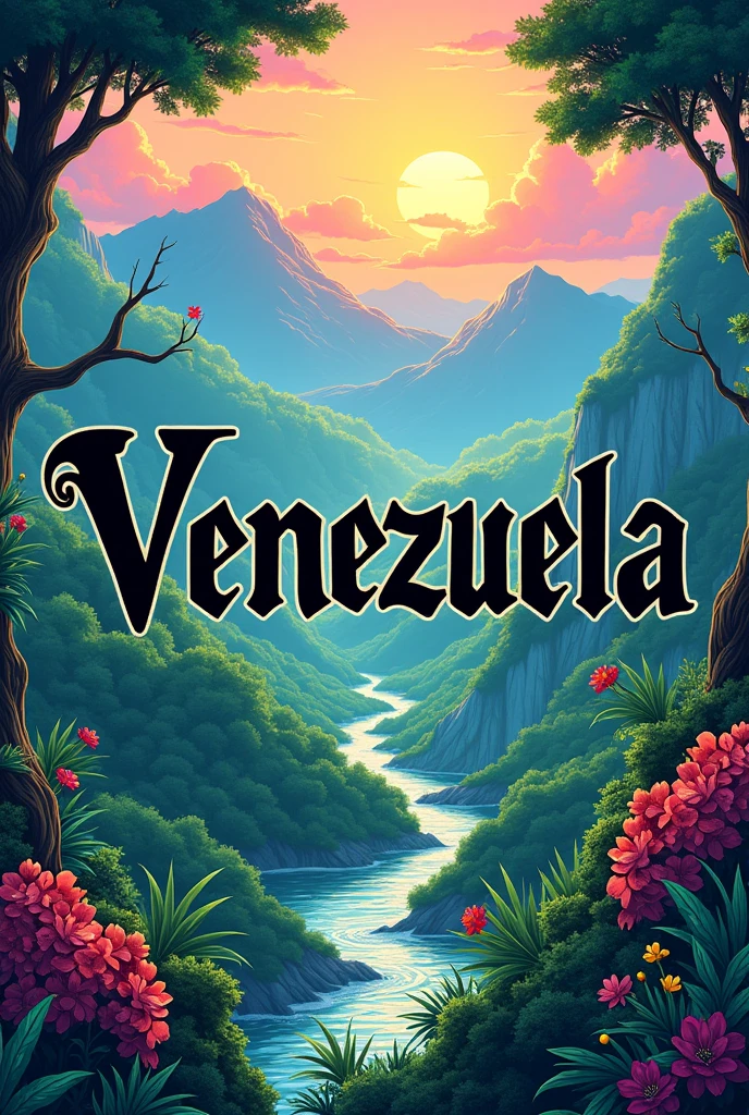 A vibrant anime-style poster featuring a dynamic background composed of bright, lively tones that blend harmoniously into a colorful depiction of Venezuelan landscapes. The background showcases the lush greenery of Venezuelan forests, the majestic mountains, and the serene rivers, all rendered in rich, vivid colors that evoke the beauty and diversity of the region. stands out prominently in bold, gothic-style typography. The text is inked in deep black, with intricate details and sharp edges that contrast beautifully against the colorful backdrop. The gothic font adds a touch of classic elegance, giving the title a striking presence amidst the vibrant scenery. The overall composition is carefully balanced, with the bright background and central text creating a captivating and aesthetically pleasing anime-inspired artwork that draws the viewer in with its rich details and bold colors.
