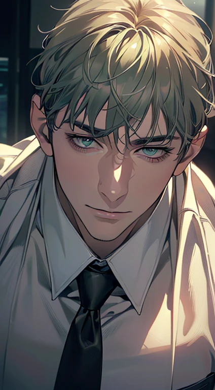 (best quality,4k,8k,highres,masterpiece:1.2),ultra-detailed,(realistic,photorealistic,photo-realistic:1.37),1 man,3,mature man,very handsome,without expression,smile,short grey green hair,blue eyes,penetrating gaze,perfect face without errors,imposing posture,businessman,office background,cinematic lighting,hdr image