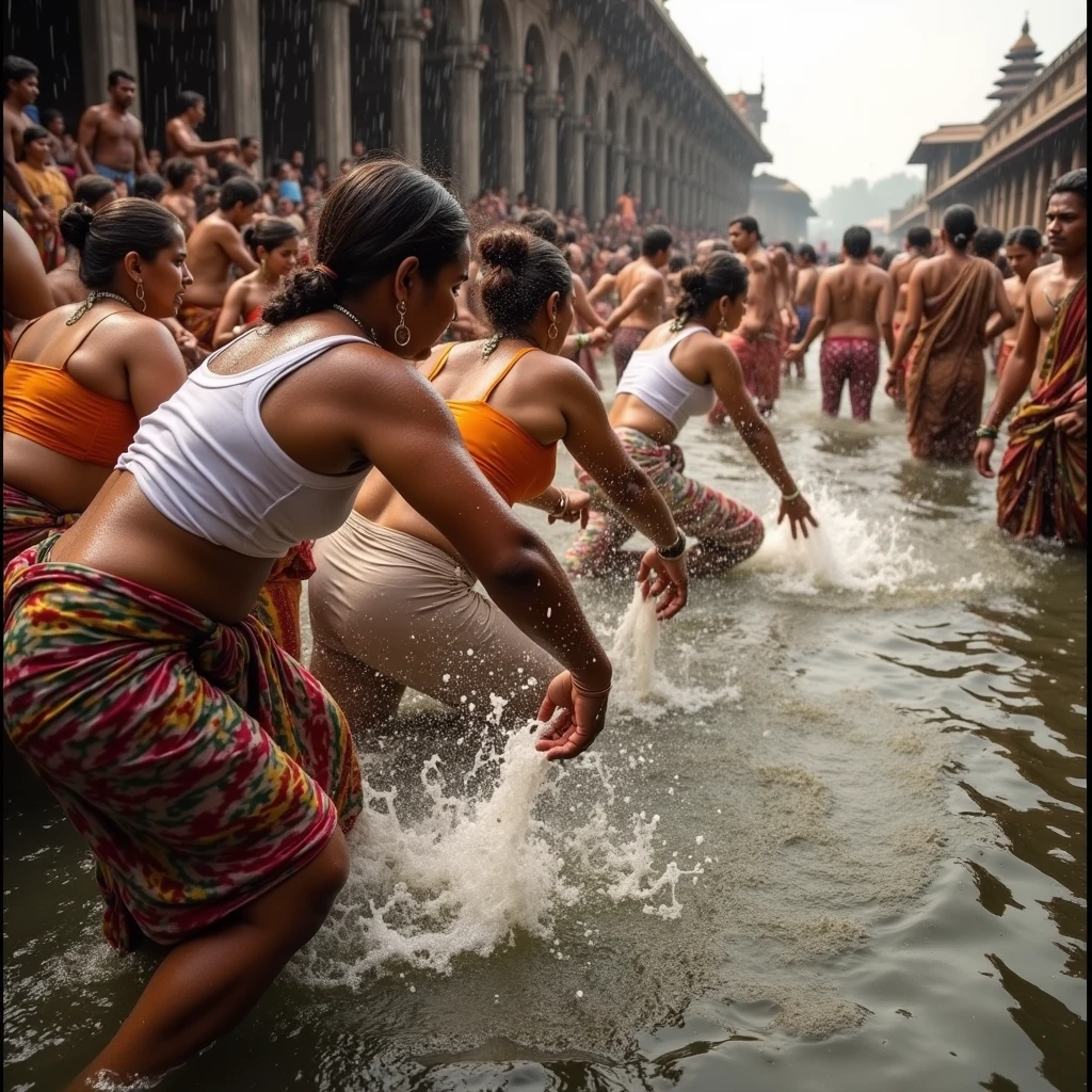 In kali temple india,ladies whipping their hairs in to water under the rain