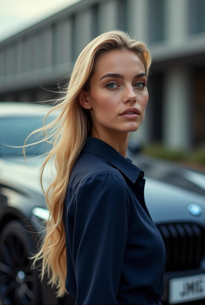 Cell phone background with a stylish blonde woman with a dark blue shirt and the Juventus symbol in gold in front of a BMW as if she were far from the camera, she and the car and they as if they were far from the camera.