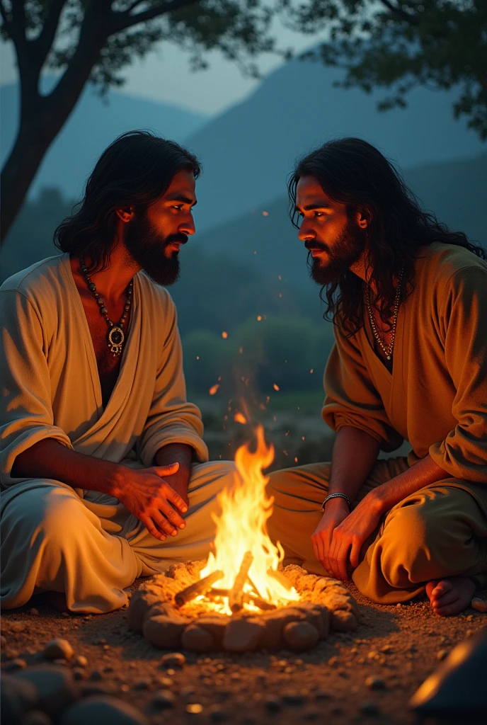 Jesus and Zé Pilintra talking around a campfire