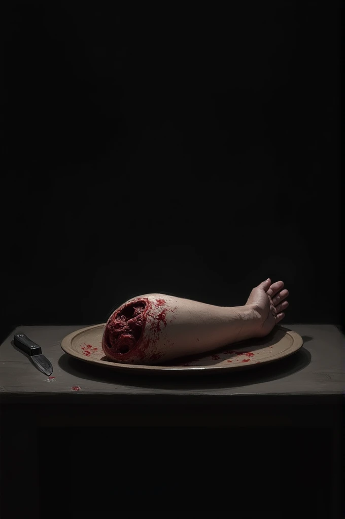 A gloomy image, A black background, There is a table with a plate on it and on the plate there is a piece of severed arm., Also on top of the table there is a knife with the tip stuck in the wood of the table.
