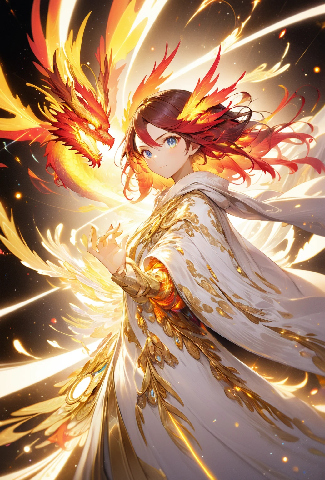 (masterpiece, Highest quality, Highest quality, Official Art, beautifully、aesthetic:1.2), (One person), Highly detailed eyes, (Fractal Art:1.3), colorful, Most detailed, (Perfect Face), Glowing Skin, High resolution, (White cloak, golden lines:1.2), Milky Way, (Streaks of Light), Impressive visuals, (Dynamic stripes, Light trail:1.2), Vibrant colors, (Phoenix), (Dragon)