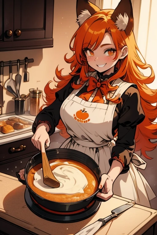 A young orange haired woman with copper eyes and an hourglass figure with orange fox ears and an orange fox tail in a Lolita maid uniform is smiling while baking a cake in a fancy kitchen