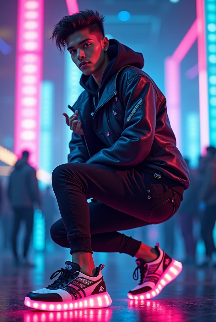 Digital influencer at a futuristic rave wearing a cool and innovative sneaker.