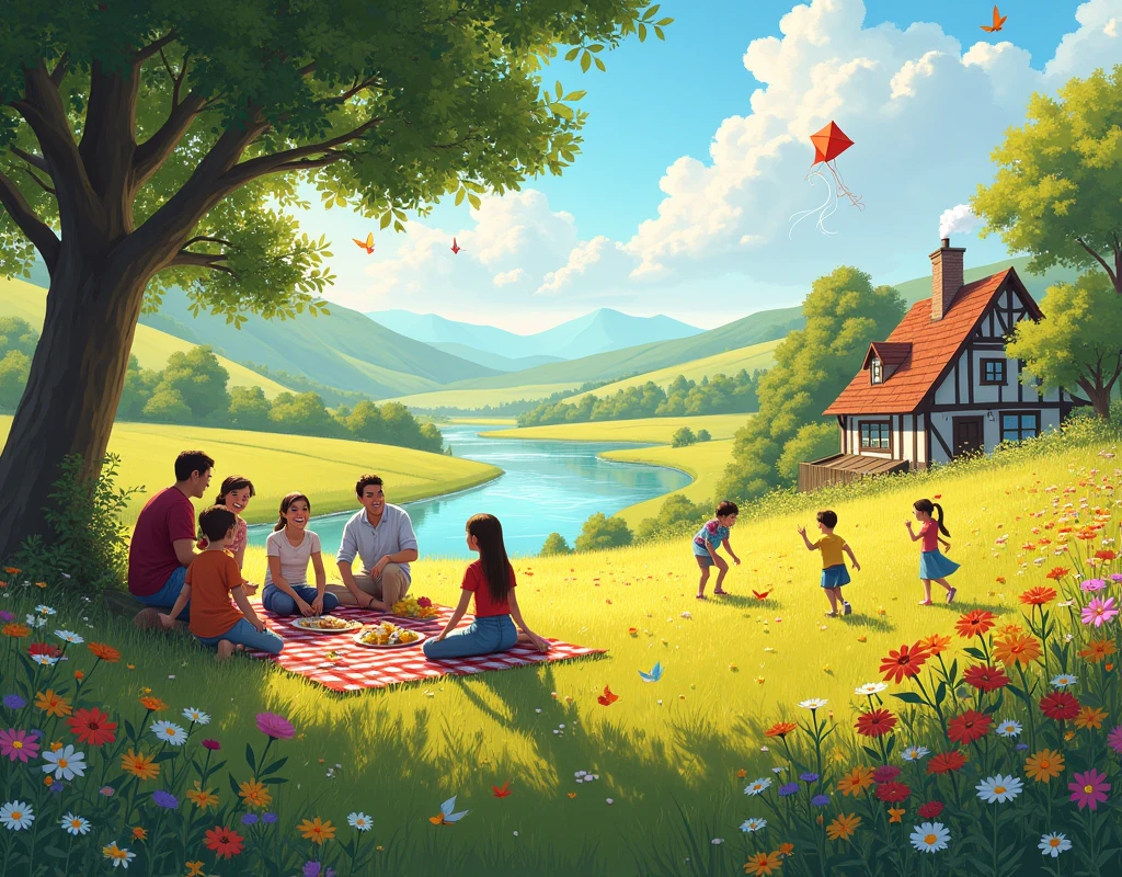 A serene, sun-drenched meadow on a warm afternoon, filled with vibrant wildflowers of various colors gently swaying in the breeze. In the background, a crystal-clear river winds through the landscape, reflecting the golden sunlight. A group of friends and family gather in the foreground, laughing and sharing a picnic on a checkered blanket. Children play nearby, chasing butterflies and flying kites in the clear blue sky. A large, majestic oak tree offers shade, its branches adorned with birds singing joyfully. In the distance, rolling hills and a quaint cottage with smoke rising from the chimney add to the idyllic setting. The overall atmosphere is one of peace, contentment, and shared joy.