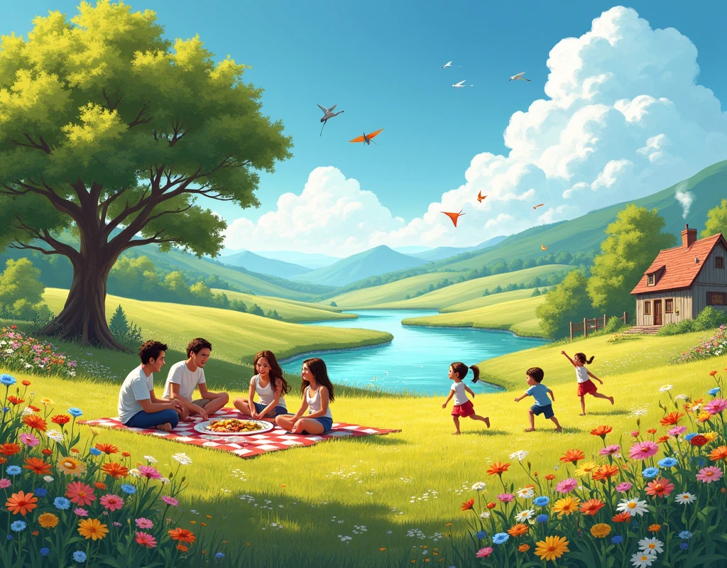 A serene, sun-drenched meadow on a warm afternoon, filled with vibrant wildflowers of various colors gently swaying in the breeze. In the background, a crystal-clear river winds through the landscape, reflecting the golden sunlight. A group of friends and family gather in the foreground, laughing and sharing a picnic on a checkered blanket. Children play nearby, chasing butterflies and flying kites in the clear blue sky. A large, majestic oak tree offers shade, its branches adorned with birds singing joyfully. In the distance, rolling hills and a quaint cottage with smoke rising from the chimney add to the idyllic setting. The overall atmosphere is one of peace, contentment, and shared joy.