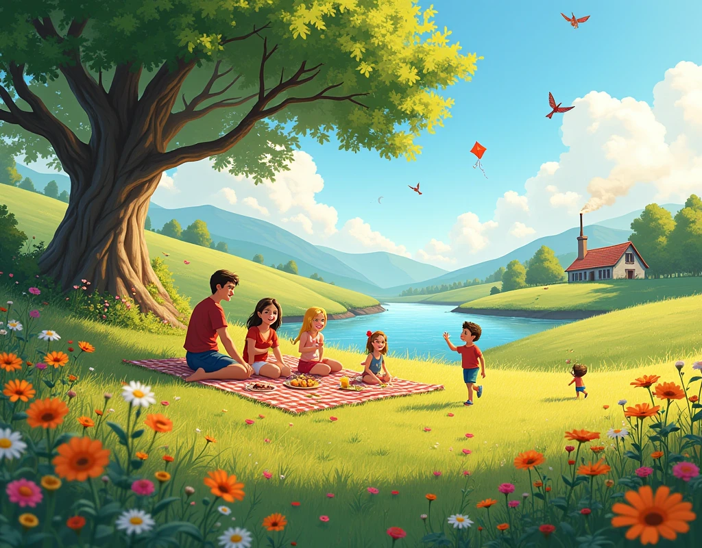 A serene, sun-drenched meadow on a warm afternoon, filled with vibrant wildflowers of various colors gently swaying in the breeze. In the background, a crystal-clear river winds through the landscape, reflecting the golden sunlight. A group of friends and family gather in the foreground, laughing and sharing a picnic on a checkered blanket. Children play nearby, chasing butterflies and flying kites in the clear blue sky. A large, majestic oak tree offers shade, its branches adorned with birds singing joyfully. In the distance, rolling hills and a quaint cottage with smoke rising from the chimney add to the idyllic setting. The overall atmosphere is one of peace, contentment, and shared joy.