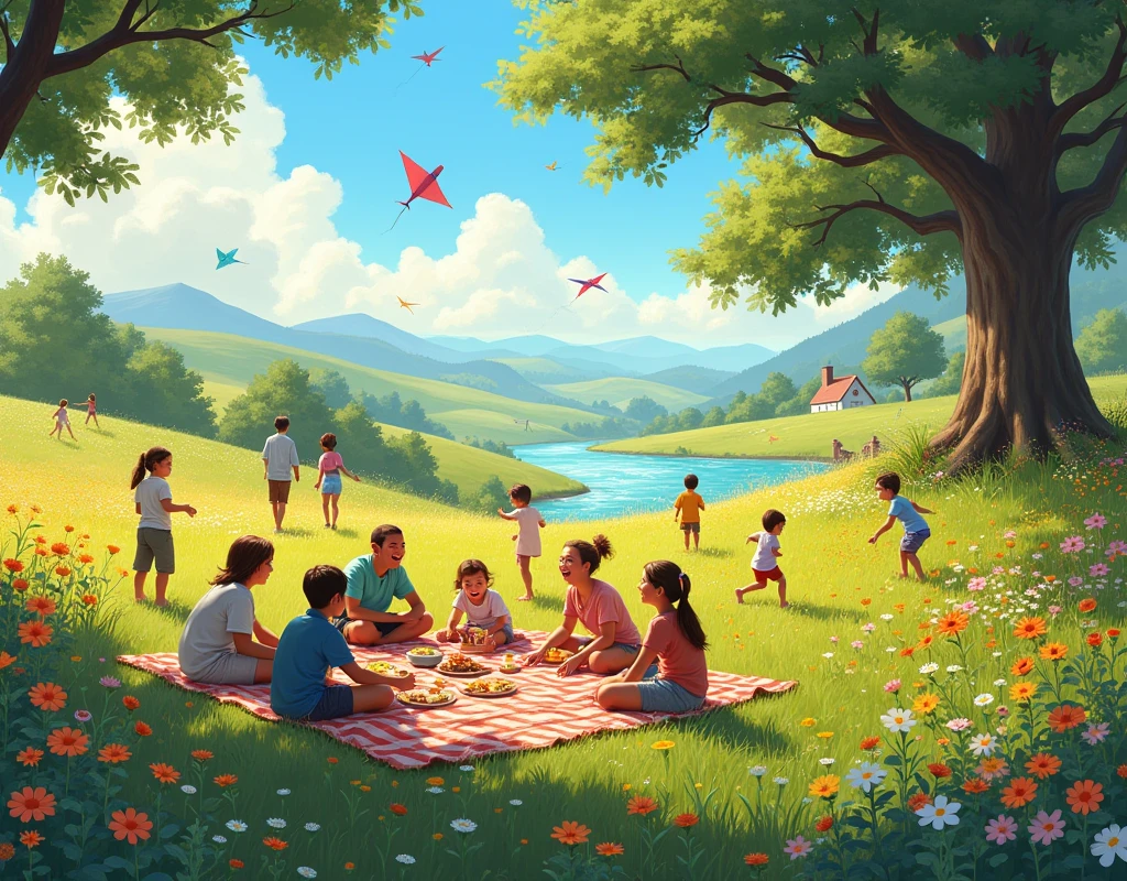 A serene, sun-drenched meadow on a warm afternoon, filled with vibrant wildflowers of various colors gently swaying in the breeze. In the background, a crystal-clear river winds through the landscape, reflecting the golden sunlight. A group of friends and family gather in the foreground, laughing and sharing a picnic on a checkered blanket. Children play nearby, chasing butterflies and flying kites in the clear blue sky. A large, majestic oak tree offers shade, its branches adorned with birds singing joyfully. In the distance, rolling hills and a quaint cottage with smoke rising from the chimney add to the idyllic setting. The overall atmosphere is one of peace, contentment, and shared joy.