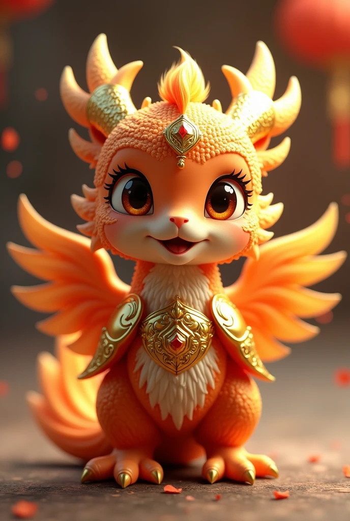 Mini cute version of Phoenix chinese divine beast,face detailed,wings detailed, ,use golden majestic armour on body,24K ultra hd, masterpiece, better quality,