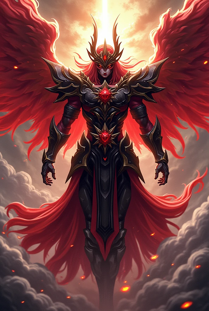 Create a Saint Seiya style image of the God of Chaos in red divine armor with some black parts.