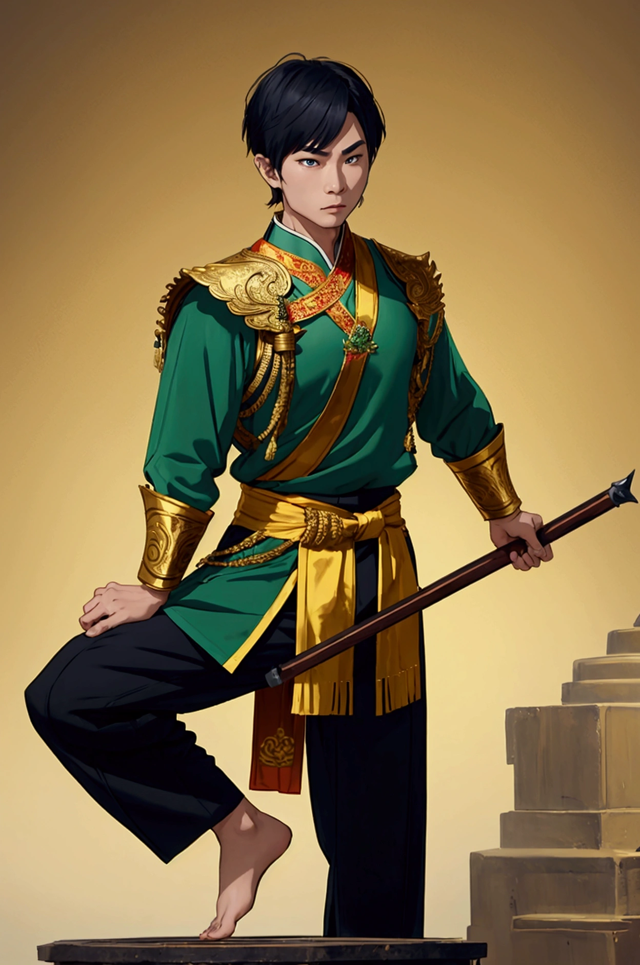 man,Wearing Thai warrior costume,Hold a bow.,short hair, shoe ,stand,high,Wear a green shirt.,Black Pants
