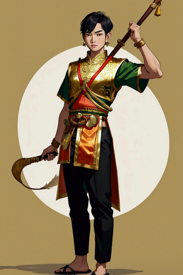 man,Wearing Thai warrior costume,Hold a bow.,short hair, shoe ,stand,high,Wear a green shirt.,Black Pants