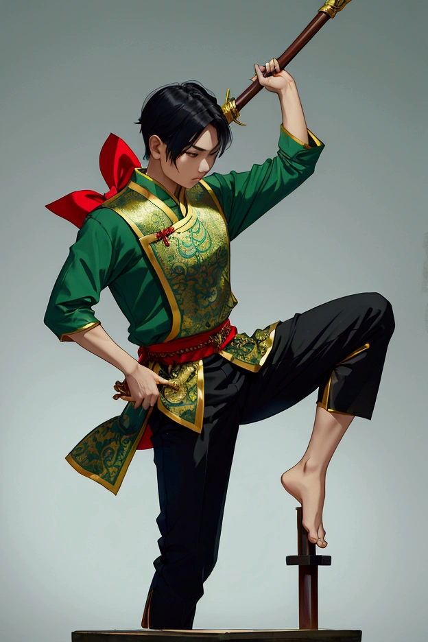 man,Wearing Thai warrior costume,Hold a bow.,short hair, shoe ,stand,high,Wear a green shirt.,Black Pants