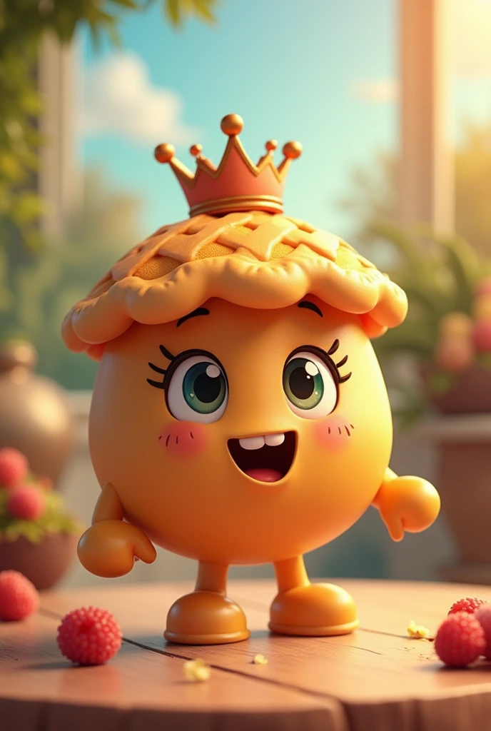 An animated pie with cute eyes and feet and hands and a crown