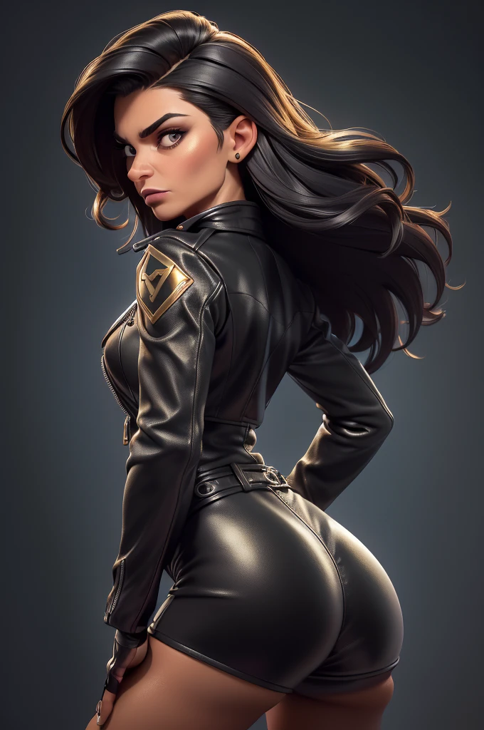 obra prima, melhor qualidade, ((only one woman,)) ((laura san giacomo, dark tan skin, straight short black hair, heavy makeup eye shadow, hostile sneer,)) (((wearing thigh length very black shiny leather jacket,))) (((jacket is zipped up, jacket covers waist and ass,))) ((jacket has stiff high collar,)) ((gold pvc gloves,)) body is very skinny, standing up, (((arched back, shoulders leaning way back, hips twisting, head tilted way back, chin up,))) ((camera back view, extreme closeup view of upper body,)) shallow depth of field, highres, HD, 8k, anatomically correct