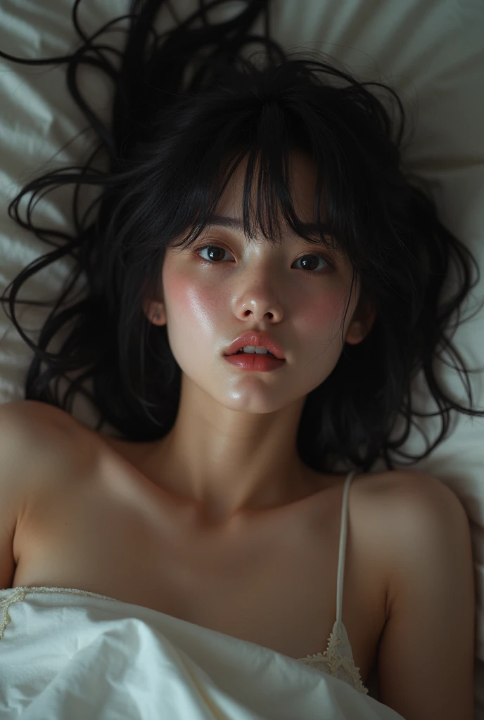 (highest quality:1.2),background blur,bedroom,,(perfect beautiful face:1.2),(perfect and beautiful posture:1.2),(Solo, young naked Japanese girl lying on the bed,she is a naked and no humanrights),(confused:1.3,embarrassed), shyness:1.1,((flat chest:1.3)), black hair,(Sweaty, sunburned skin),((scared expression,constricted pupils:1.3,tears)),arms Down,arms banned,(cum on hair,:1.3),a macho black man erect penis besides her:1.3