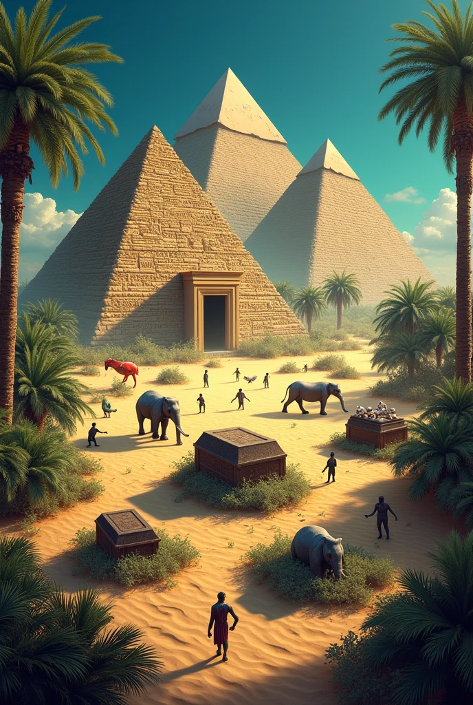 Three pyramids in a desert full of tropical animals walking next to open graves with corpses coming out 
