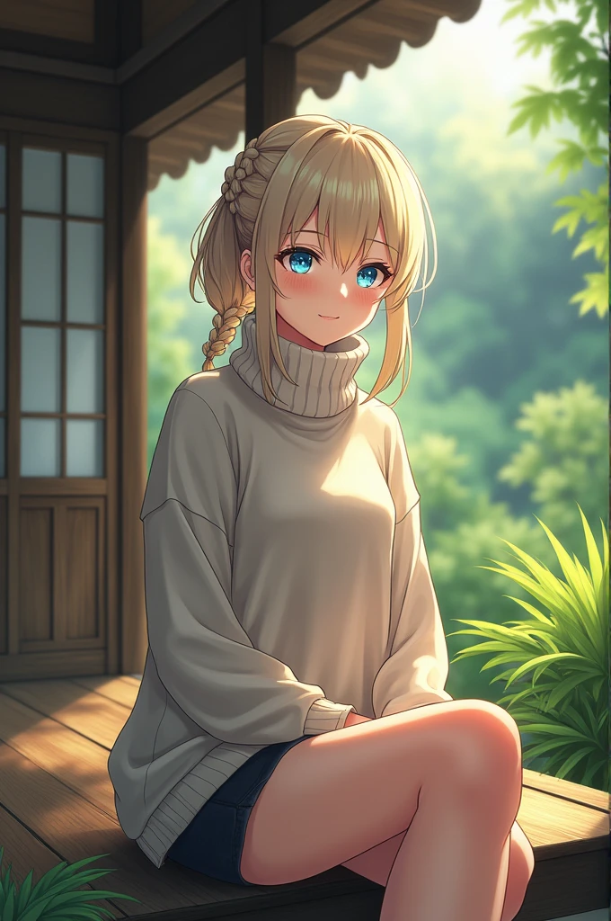 (photorealism:1.2), Anime woman, pale blonde, turtleneck sweater, short hair, braided mullet, smile, blue eyes, grown woman, full body, sitting on the porch, japanese style home, plants in the garden
