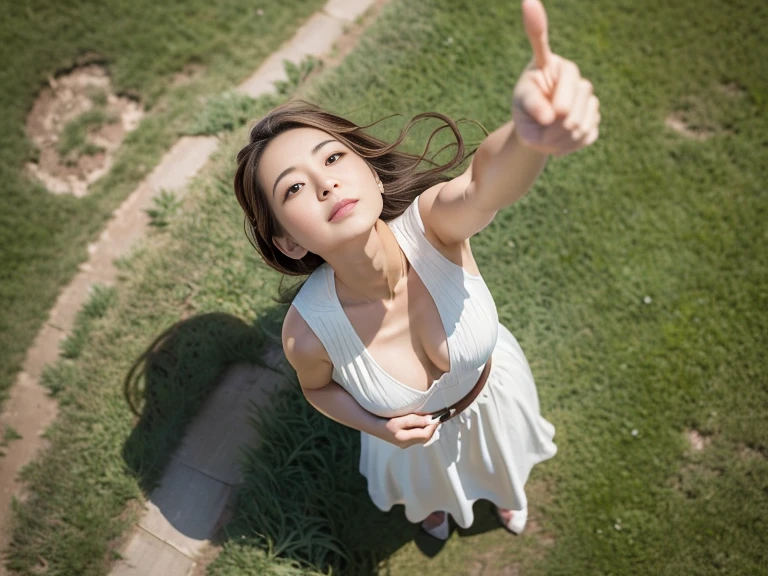 8k, High Definition, Bird's-eye View, Accurate Anatomy, ((Woman looking up at sky; 1.2)), ((Aerial view: 1.5)), ((Point of view from directly above: 1.5)), (Detailed height and distance: 1.2)), Japanese woman, open chest white dress, (Lush grass: 1.0), Brown hair blowing in breeze, arms outstretched wide, expressing a sense of openness and connection to the sky.The sunlight casts long shadows, adding depth and dimension to the scene, and her calm and curious expression is clearly visible from the vantage point looking down from above.